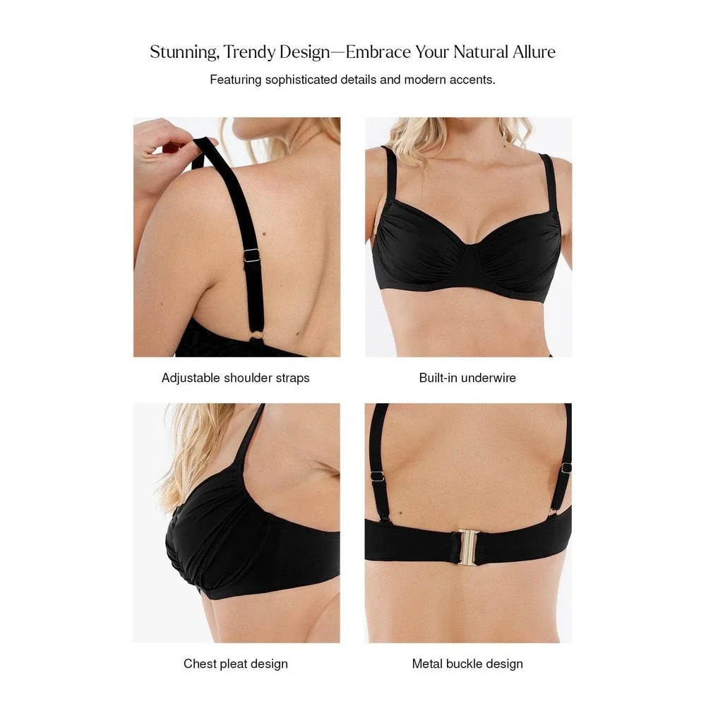 NEW Popilush Shapewear Ruched Underwire Bikini Top Black Large Swimwear